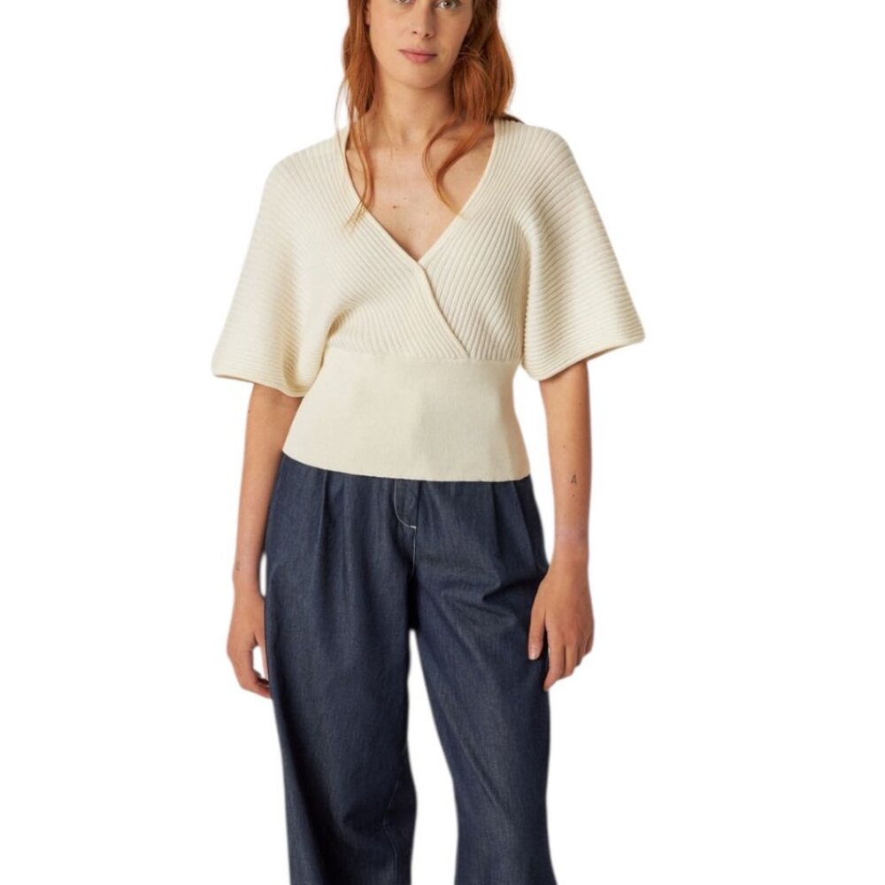 NWT SKFK Tala Organic Cotton Open Back V Neck Knit Top US 6 Cream